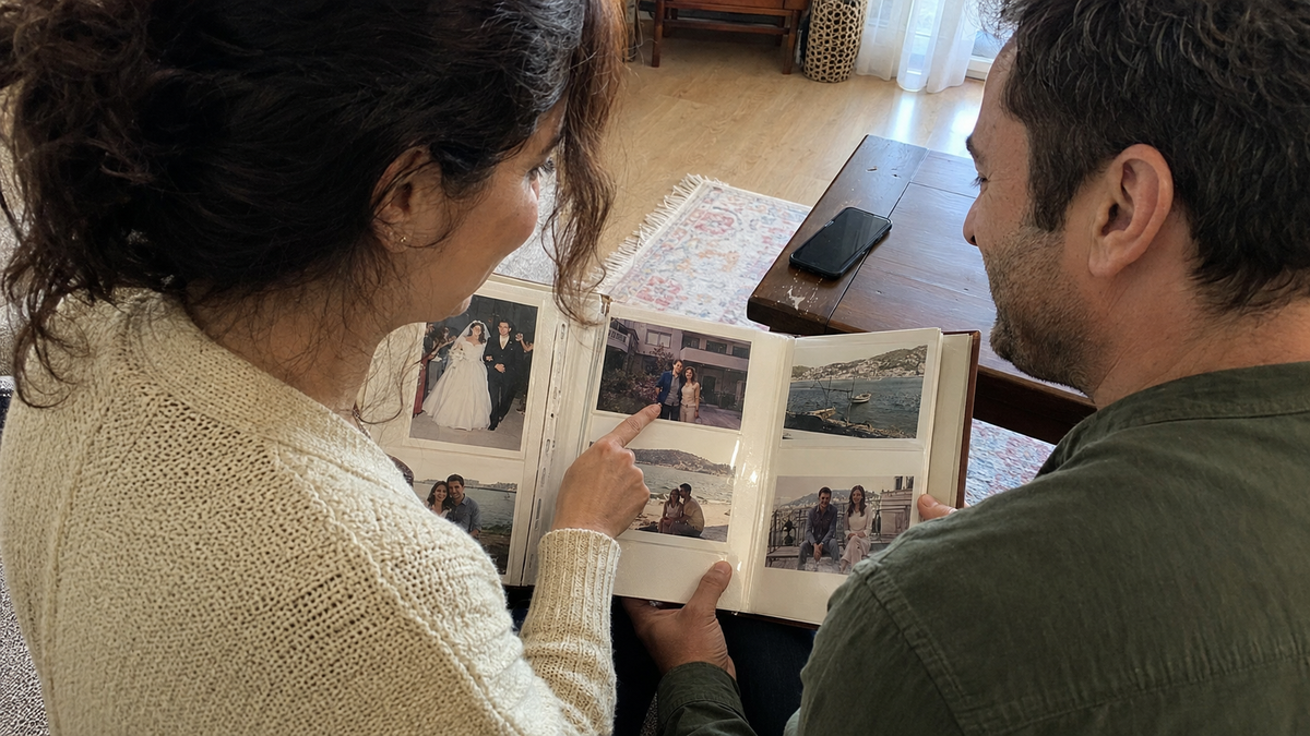 Ortak anılarını fotoğraf albümünde inceleyen çift