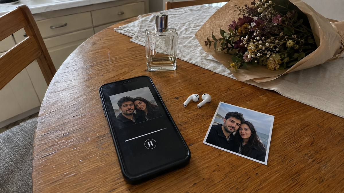 Kişisel şarkı, çiftin fotoğrafı ve kulaklıklar